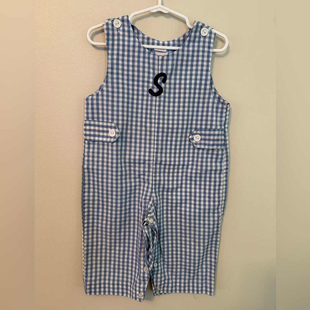 Monday’s Child Blue Gingham Kids Overalls with “S” Embroidered